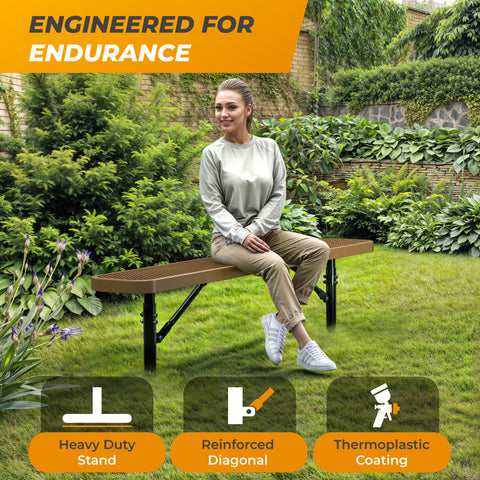 Heavy-Duty Outdoor Bench - Expanded Metal - 6ft - Inground - No Back - Brown
