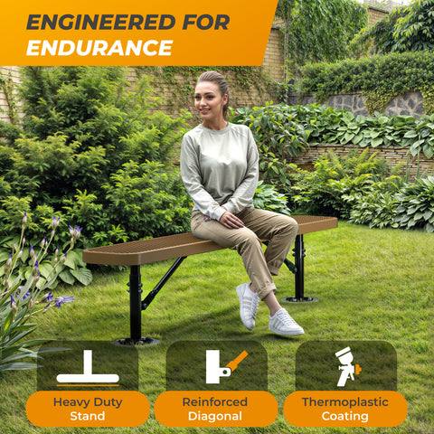 Heavy-Duty Outdoor Bench - Expanded Metal - 6ft - Surface - No Back - Brown