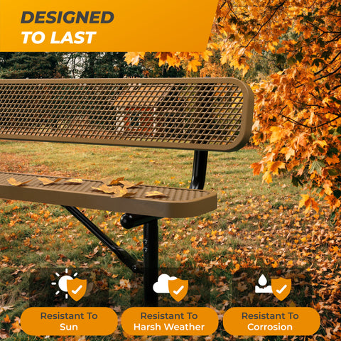 Heavy-Duty Outdoor Bench - Expanded Metal - 6ft - Inground - With Back - Brown