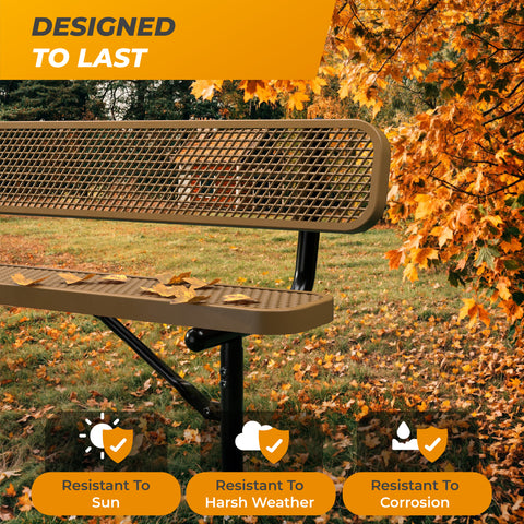 Heavy-Duty Outdoor Bench - Expanded Metal - 6ft - Surface - With Back - Brown
