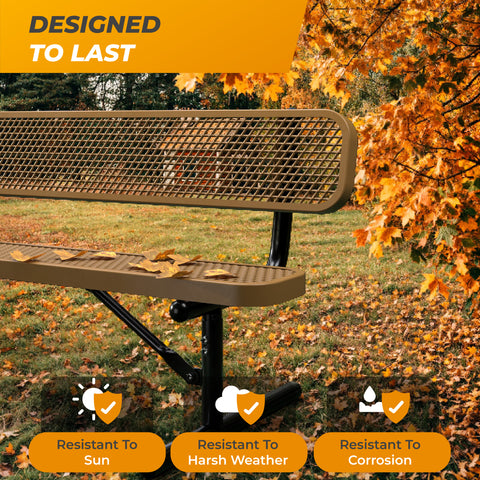 Heavy-Duty Outdoor Bench - Expanded Metal - 6ft - Portable - With Back - Brown
