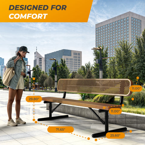 Heavy-Duty Outdoor Bench - Expanded Metal - 6ft - Portable - With Back - Brown