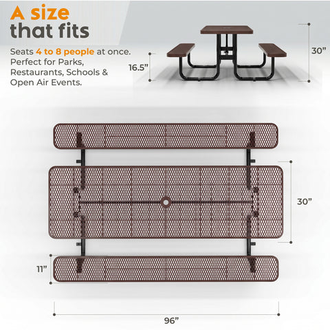 Metal Picnic Table - Rectangle Expanded Metal - 8ft - Brown - ADA Compliant