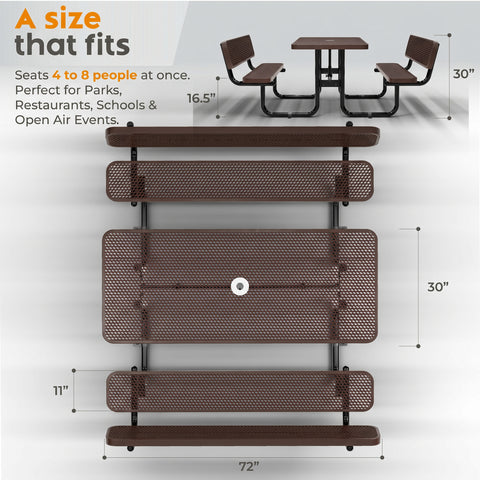 Metal Picnic Table - Rectangle Expanded Metal - 6ft - Brown - With Backrest - ADA Compliant