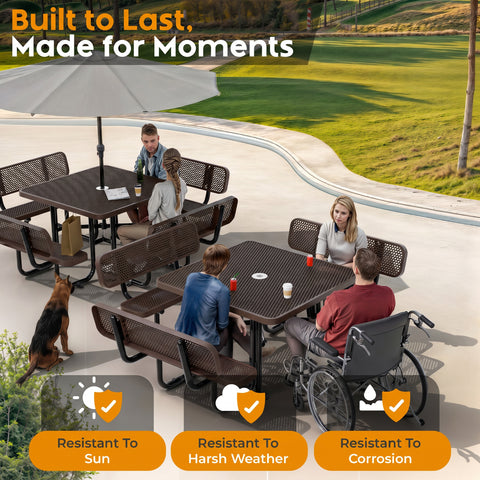 Metal Picnic Table - Square Expanded Metal - 46 in - Brown - With Backrest - ADA Compliant