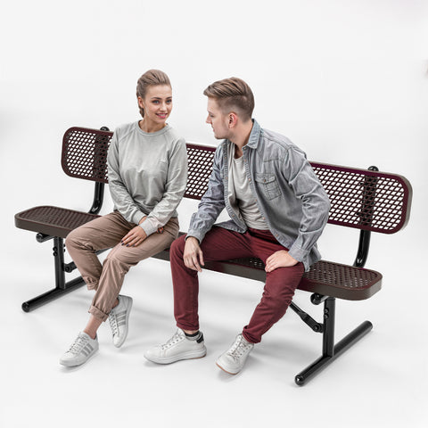 Heavy-Duty Outdoor Bench - Expanded Metal - 6ft - Portable - With Back - Brown