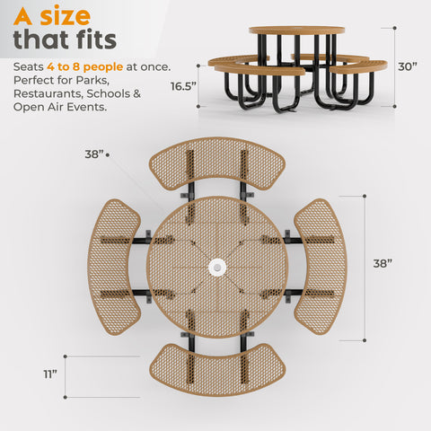 Metal Picnic Table - Round Expanded Metal - 38 in - Brown