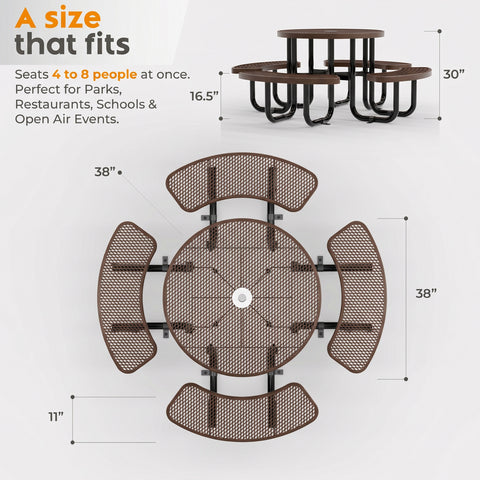 Metal Picnic Table - Round Expanded Metal - 38 in - Brown