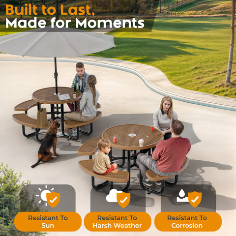 Metal Picnic Table - Round Expanded Metal - 38 in - Brown