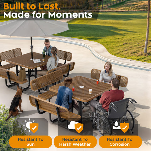 Metal Picnic Table - Square Expanded Metal - 46 in - Brown - With Backrest - ADA Compliant