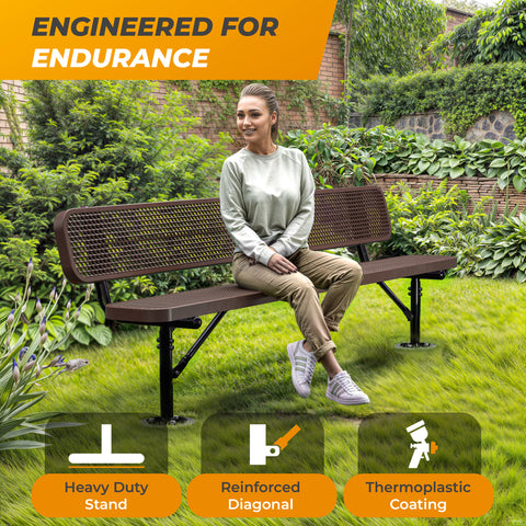 Heavy-Duty Outdoor Bench - Expanded Metal - 8ft - Surface - Brown - With Backrest