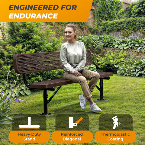 Heavy-Duty Outdoor Bench - Expanded Metal - 6ft - Surface - With Back - Brown