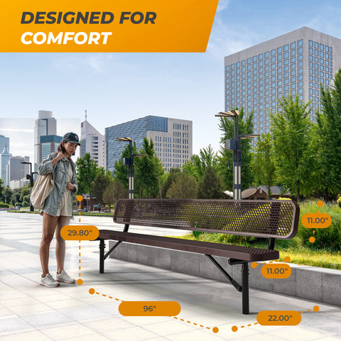 Heavy-Duty Outdoor Bench - Expanded Metal - 8ft - Inground - Brown - With Backrest