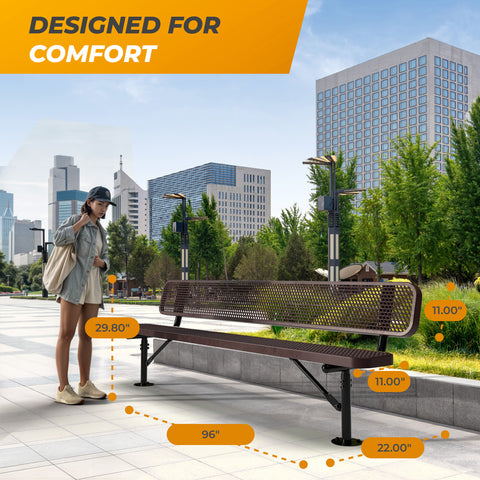 Heavy-Duty Outdoor Bench - Expanded Metal - 8ft - Surface - Brown - With Backrest