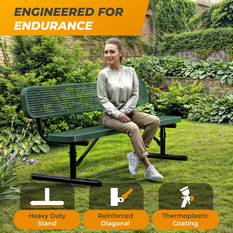 Heavy-Duty Outdoor Bench - Expanded Metal - 6ft - Portable - With Back - Green