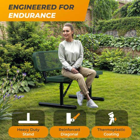 Heavy-Duty Outdoor Bench - Expanded Metal - 4ft - Portable - Green - With Backrest