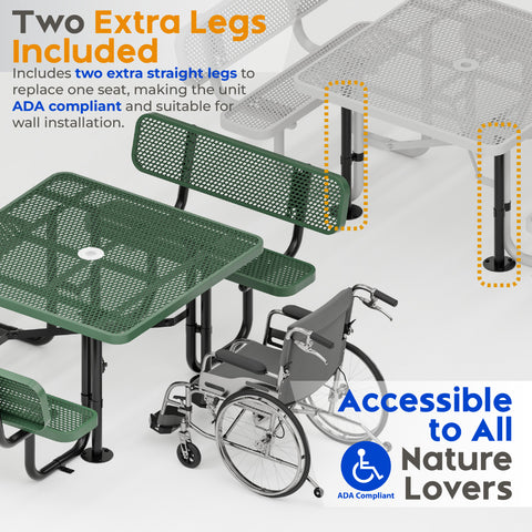 Metal Picnic Table - Square Expanded Metal - 46 in - Green - With Backrest - ADA Compliant