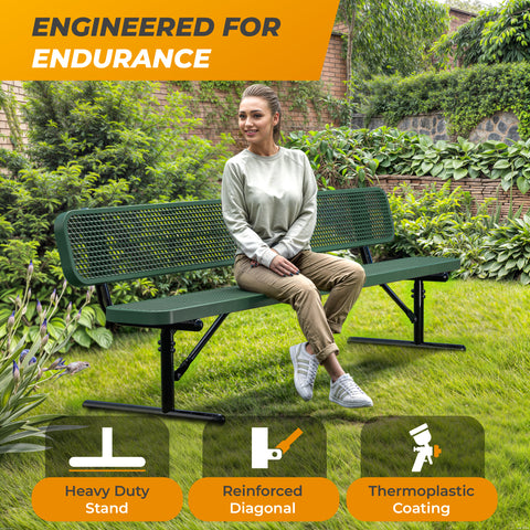 Heavy-Duty Outdoor Bench - Expanded Metal - 8ft - Portable - Green - With Backrest
