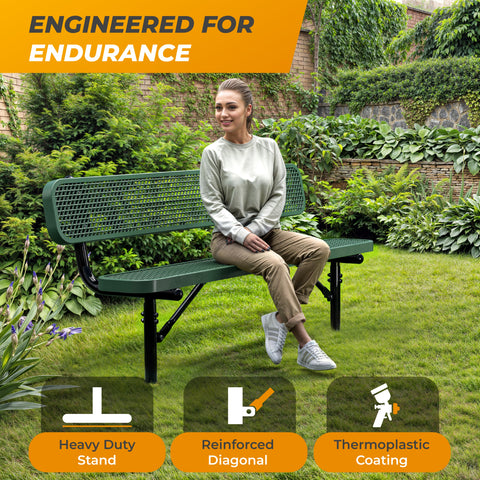 Heavy-Duty Outdoor Bench - Expanded Metal - 6ft - Inground - With Back - Green