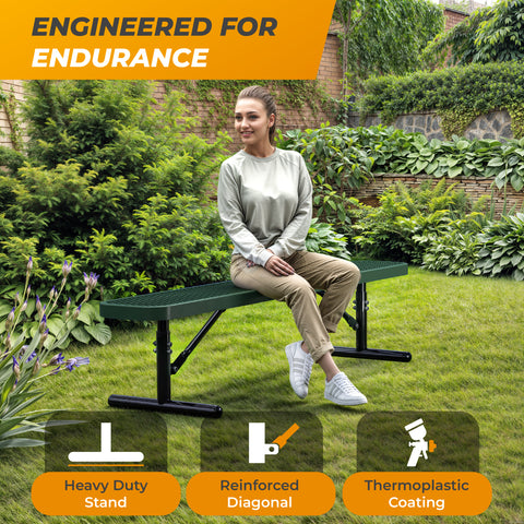 Heavy-Duty Outdoor Bench - Expanded Metal - 6ft - Portable - No Back - Green