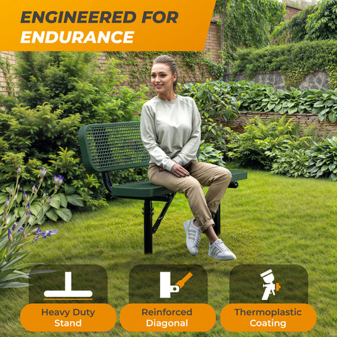 Heavy-Duty Outdoor Bench - Expanded Metal - 4ft - Inground - Green - With Backrest
