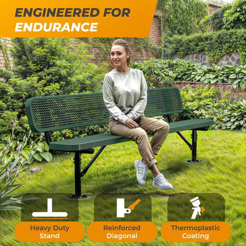 Heavy-Duty Outdoor Bench - Expanded Metal - 8ft - Surface - Green - With Backrest