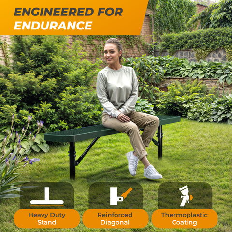 Heavy-Duty Outdoor Bench - Expanded Metal - 6ft - Inground - No Back - Green