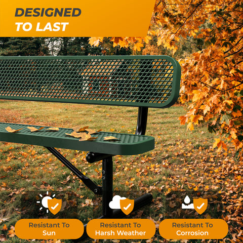 Heavy-Duty Outdoor Bench - Expanded Metal - 6ft - Portable - With Back - Green