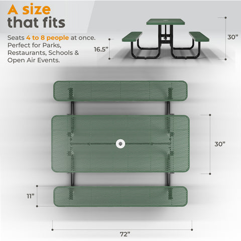 Metal Picnic Table - Rectangle Punched Metal - 6ft - Green - ADA Compliant