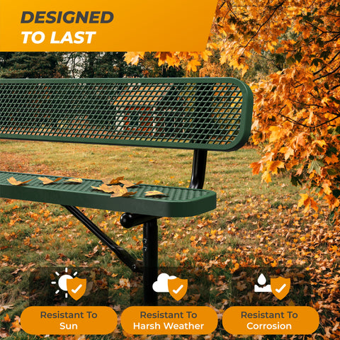Heavy-Duty Outdoor Bench - Expanded Metal - 6ft - Inground - With Back - Green