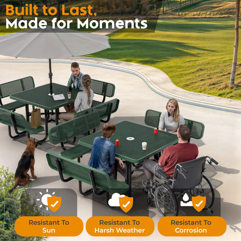 Metal Picnic Table - Square Expanded Metal - 46 in - Green - With Backrest - ADA Compliant