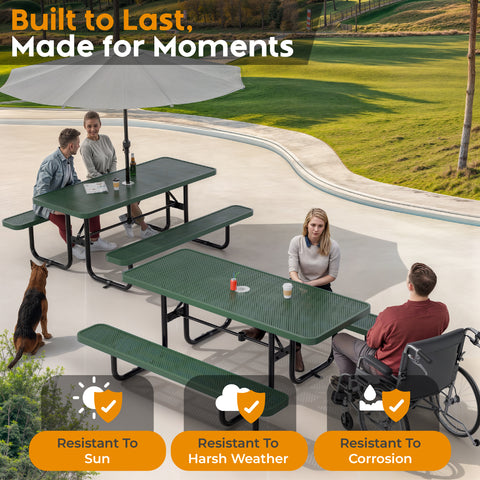 Metal Picnic Table - Rectangle Punched Metal - 6ft - Green - ADA Compliant