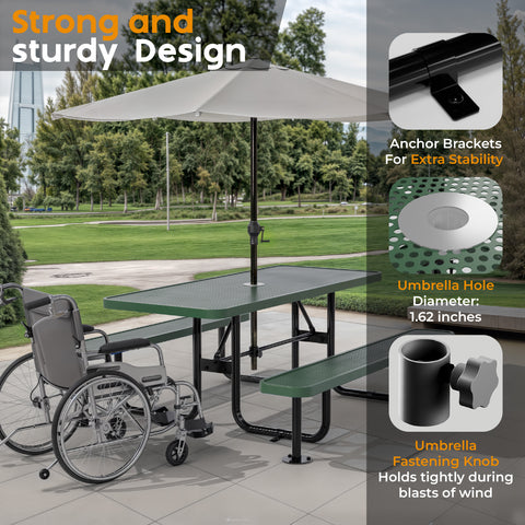 Metal Picnic Table - Rectangle Punched Metal - 6ft - Green - ADA Compliant