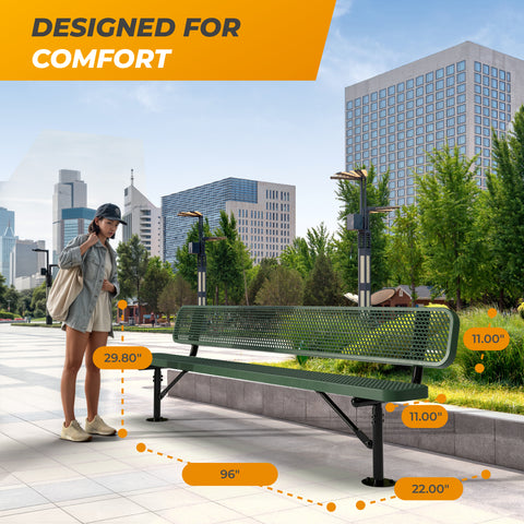 Heavy-Duty Outdoor Bench - Expanded Metal - 8ft - Surface - Green - With Backrest