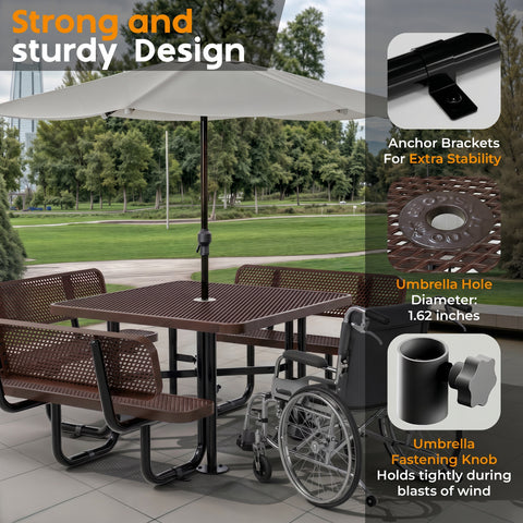 Metal Picnic Table - Square Expanded Metal - 46 in - Brown - With Backrest - ADA Compliant
