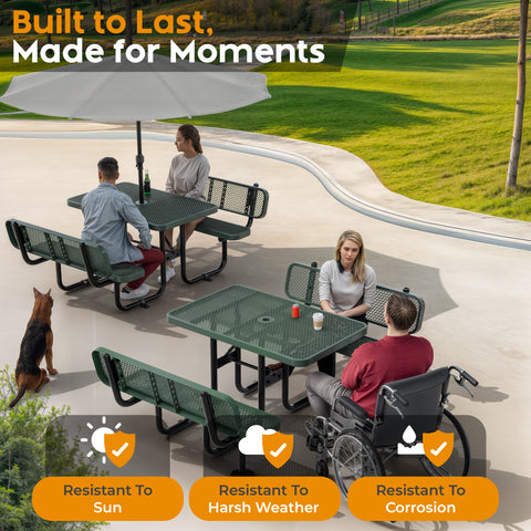 Metal Picnic Table - Rectangle Expanded Metal - 4ft - Green - Backrest - ADA Compliant