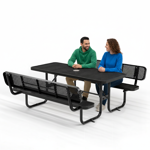 Metal Picnic Table - Rectangle Expanded Metal - 6ft - Black - With Backrest - ADA Compliant