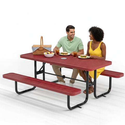 Metal Picnic Table - Rectangle Punched Metal - 6ft - Red - ADA Compliant