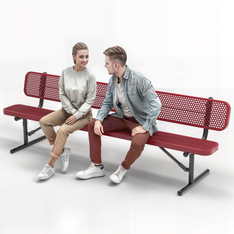 Heavy-Duty Outdoor Bench - Expanded Metal - 8ft - Portable - Red - With Backrest