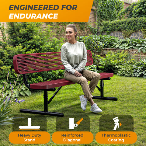 Heavy-Duty Outdoor Bench - Expanded Metal - 6ft - Portable - With Back - Red