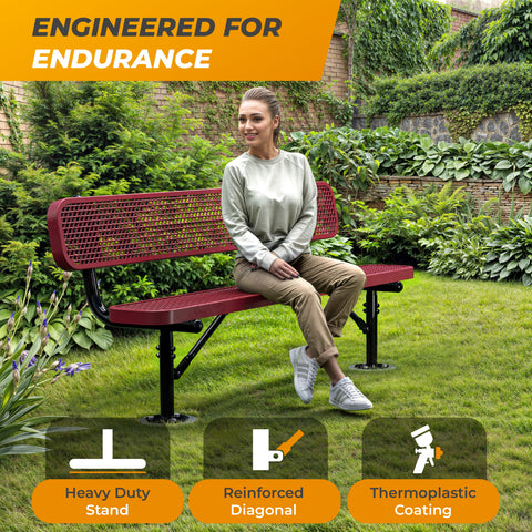 Heavy-Duty Outdoor Bench - Expanded Metal - 6ft - Surface - With Back - Red