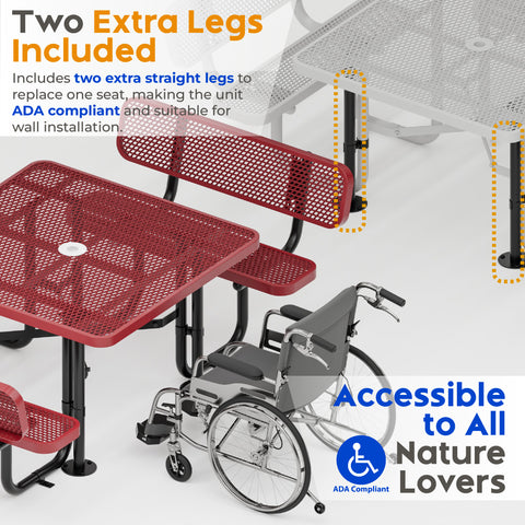 Metal Picnic Table - Square Expanded Metal - 46 in - Red - With Backrest - ADA Compliant