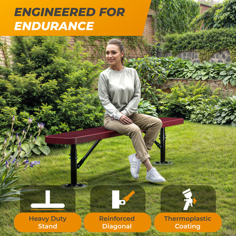 Heavy-Duty Outdoor Bench - Expanded Metal - 6ft - Surface - No Back - Red