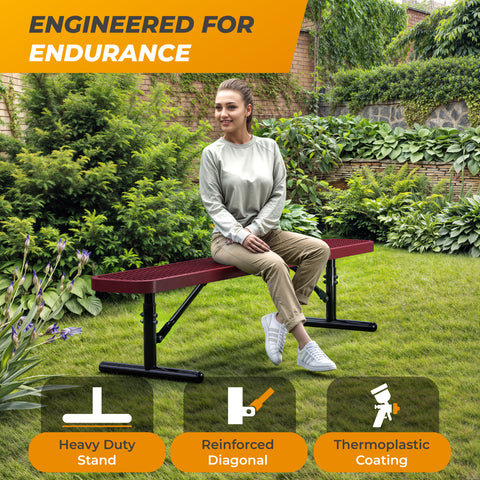 Heavy-Duty Outdoor Bench - Expanded Metal - 6ft - Portable - No Back - Red