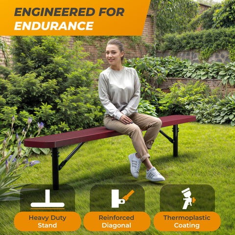 Heavy-Duty Outdoor Bench - Expanded Metal - 8ft - Inground - Red