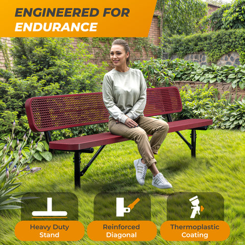 Heavy-Duty Outdoor Bench - Expanded Metal - 8ft - Inground - Red - With Backrest