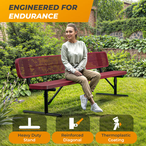 Heavy-Duty Outdoor Bench - Expanded Metal - 8ft - Portable - Red - With Backrest