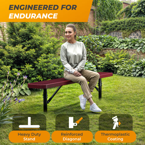 Heavy-Duty Outdoor Bench - Expanded Metal - 6ft - Inground - No Back - Red
