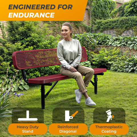 Heavy-Duty Outdoor Bench - Expanded Metal - 6ft - Inground - With Back - Red