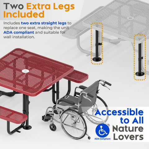 Metal Picnic Table - Square Expanded Metal - 46 in - Red - ADA Compliant